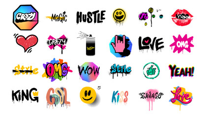 Set of street graffiti lettering elements with grunge fonts. Vector urban savage spray paint art. Cool colorful teenage graffiti cartoon design. Creative colored writing with drips and blobs.