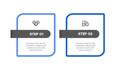 Two numbered steps placed in horizontal row. Concept of 2 stages of marketing strategy. Modern flat infographic design template. Simple vector illustration for business presentation.