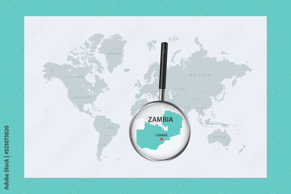 Map of Zambia on political world map with magnifying glass
