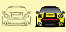 Yellow Mini Car Vector. Small Sedan Car Hand Drawn Isolated Illustration. Elegant British Car Design. Modern Trendy Vehicle.