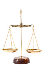 Gold Balance Scales With Metallic Chains And Wood Base Used To Compare Weights, Isolated On White Background With Clipping Path Cutout Concept For Legal Judgment, Justice Metaphor And Equality Law
