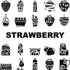 Poster - strawberry fruit fresh red berry icons set vector. food white, half cut, leaf green, sweet juicy slice, ripe dessert, organic summer strawberry fruit fresh red berry glyph pictogram Illustrations