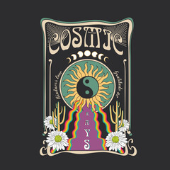Cosmic rays in desert vibes, cosmic vibes retro style poster print design with sun daisy clouds and stripes graphic elements