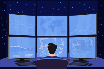 A man sits at a computer at night, view from the back, work at night at the monitors, analytical activities in the dark, without light. Cyber security, trader, business, programmer concept.