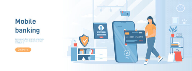 Wall Mural - Mobile banking, online internet payment. Mobile application, service for money transactions. Flat concept great for social media promotional material. Website banner on white background.