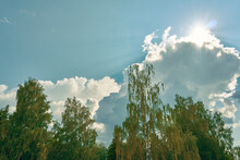 A Sunny Summer Day, The Sun Shines Over The Edge Of Cumulus Clouds. Trees With Green Leaves And Blue Sky. Summer Time Period