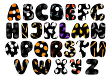 Halloween Abc Letters Decorated With Spider Web, Bats, House, Candle, Ghost, Broom, Pumpkin, Hat, Mushroom For Poster, Home Or Party Decor, Autumn Holiday Celebration Latin Alphabet Lettering