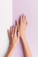 Wall Mural - Womans hands with trendy lavender manicure. Spring summer nail design