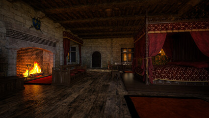 Poster - Medieval castle bedroom with four poster bed and open fireplace and burning fire. 3D rendering.