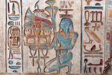 Colorful Wall Reliefs Represents An Offering Of Food  To The Gods In The Temple Of Ramesses II At Abydos. 
