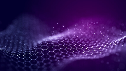 Abstract digital data background. Wave with moving dots. Musical stream of sounds. 3D rendering.