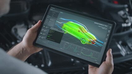 Mechanic engineer holding a digital tablet with engineering research software application on the screen, aerodynamic test of parameters data in the wind tunnel of an eco-friendly car body