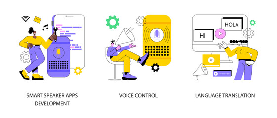 Voice assistant abstract concept vector illustration set. Smart speaker apps development, voice control, language translation, speech recognition software technology, hands-free abstract metaphor.