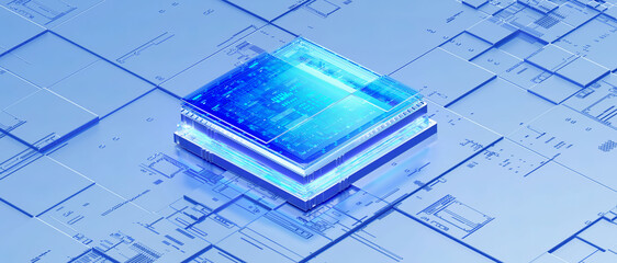 3D rendering of cyberpunk AI. Circuit board. Technology background. Central Computer Processors CPU and GPU concept. Motherboard digital chip. Tech science background.
