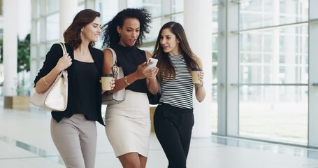 Aufkleber - Confident, laughing and excited business women walking together and looking at dating app profiles on phone on a break. Team of smiling executives browsing social media or reading text messages