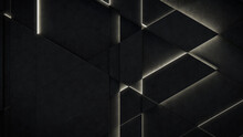 Dark, Concrete Wall Background, With Integrated White Light Strips. Geometric Tech Wallpaper With Illuminated, Futuristic, 3D Blocks. 3D Render