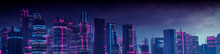 Cyberpunk Cityscape With Blue And Pink Neon Lights. Night Scene With Visionary Superstructures.