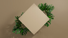 Diamond Botanical Frame With Monstera Plant Border. Beige, Natural Design With Copy Space.