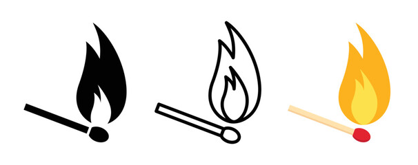 Leinwandbilder - Lit wooden match stick burning vector icon set. Matchstick fire with flame symbol illustration.