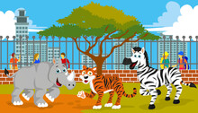 Llustration Of Tigers, Zebras And Rhinos At The Zoo, Suitable For Children's Story Books, Posters, Websites, Mobile Applications, Games, T-shirts And More
