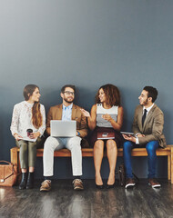 Aufkleber - Group of professional business people talking while having a meeting, discussion or brainstorming. Diverse corporate experts, colleagues and team discussing and planning a strategy sitting on a bench