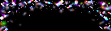 Festive Texture With Neon Rainbow Confetti And Glitter On Black Background. Vector Carnival Background With Light Effects And Flying Bright Iridescent Sprinkles, Stars, Dots And Ribbons