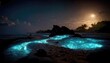 Beautiful landscape of a bioluminescence beach glowing under a night sky, low light