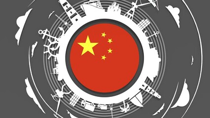 Wall Mural - Cargo port and travel relative silhouettes located around the circle. Flag of China.