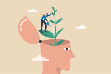 Self improvement, personal development or growth mindset, motivation to grow and achieve career success, learning new skill or knowledge concept, businessman watering plant growing from his self head.