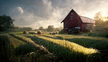 Beautiful Landscape Scene Of A Farm Red Barn Next To Fields Of Wheat