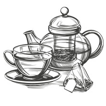 Tea Time Cup Of Tea And Teapot Isolated On Vintage Background Hand Drawn Vector Illustration Realistic Sketch