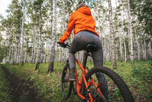 Girl In A Bright Orange Jacket Riding A Red Bike Along A Path On Nature In Forest Close Up. Back View.