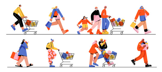 happy people run to store sale. vector flat illustration of diverse men and women with shopping cart