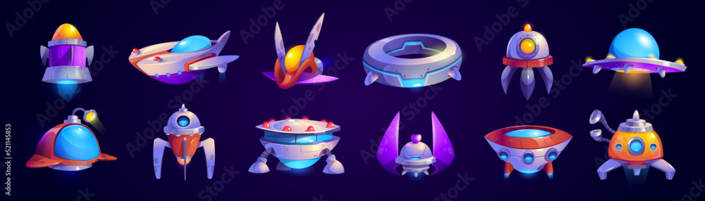 Vector de Stock Alien spaceship game icons vector set. Funny rockets ...