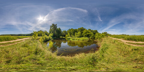 Wall Mural - full seamless hdri 360 panorama view on fast river coast near gravel road in equirectangular spherical projection as background for vr content