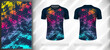 Vector sport pattern design template for V-neck T-shirt front and back with short sleeve view mockup. Dark and light shades of blue with pink-yellow color gradient abstract grunge texture background.