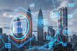 © Who is Danny - Creative glowing connected communication hologram on blurry city background. Technology and wireless networking concept. Double exposure.