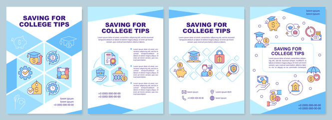 Saving for college tips blue brochure template. Budget. Leaflet design with linear icons. Editable 4 vector layouts for presentation, annual reports. Arial-Black, Myriad Pro-Regular fonts used