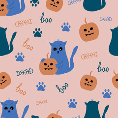 Seamless pattern cat with pumpkin for Halloween. Design elements for Halloween and Mexican holiday Day of the Dead.