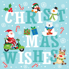 Christmas Greeting Card With Christmas Lettering, Santa And Friends