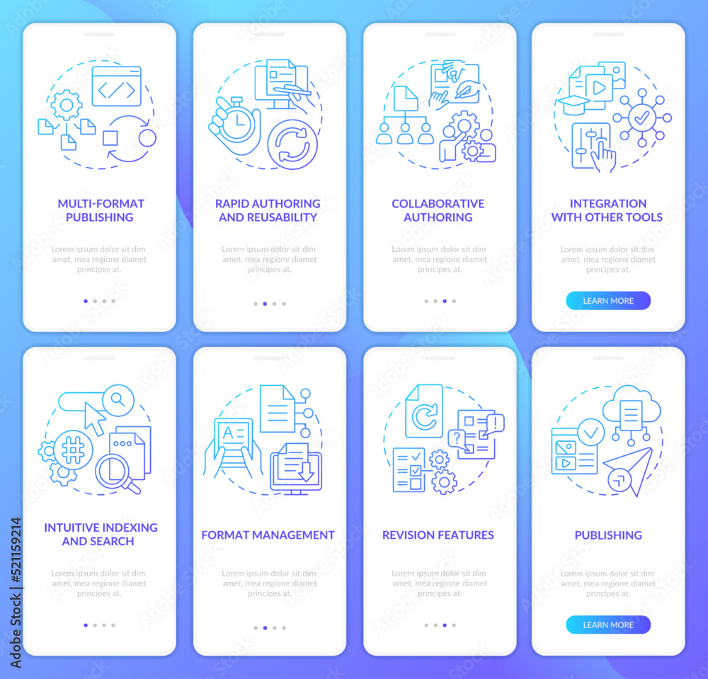 Software Application Module Introduction Screens LMS and CMS functionalities blue gradient onboarding mobile app screen ...