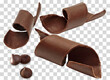 Cracked chocolates / broken chocolate chips or chocolate parts with curls from top view on isolated pattern background	

