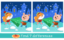 Find 7 Differences. Game For Children. Cute Bear And Fox Are Carrying Christmas Tree. Cartoon Characters On Street In City. Vector Illustration.