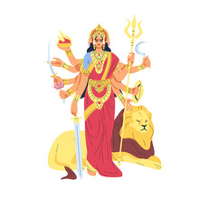 Durga Jagadamaba, Indian Warrior Goddess. Hindu Female Deity Of War. India Hinduism Woman Character With Weapons, Lion. Martial Divinity Avatar. Flat Vector Illustration Isolated On White Background