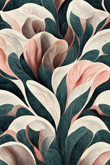 Wall Mural - Trendy, abstract floral pattern, elegant pastel color, modern design wallpaper. Colorful leaves and flowers. Asymmetrical ornament, amazing graphic backdrop. Illustration.