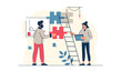 Teamwork concept in flat line design with people scene. Woman and man colleagues work together, discuss tasks, places puzzle pieces, brainstorming and developing business. Vector illustration for web
