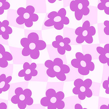 Groovy Checkerboard And Daisy Flowers Seamless Pattern. Floral Vector Background In 70s Hippie Retro Style