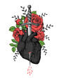 The human heart and roses is pierced with a dagger. Hand drawn vector illustration. Colorful illustration . Tattoo print.