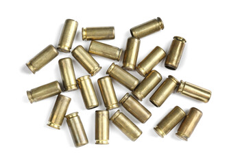 Wall Mural - Cartridge cases isolated on white, top view. Firearm ammunition