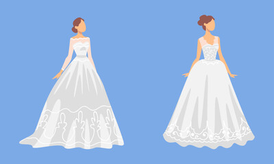 Wall Mural - Bride in White Wedding Dress Standing as Newlywed or Just Married Female on Blue Background Vector Set